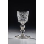 Cup of Bohemia, 18th century Colourless glass with warmed tears. Baluster shaft with disc and