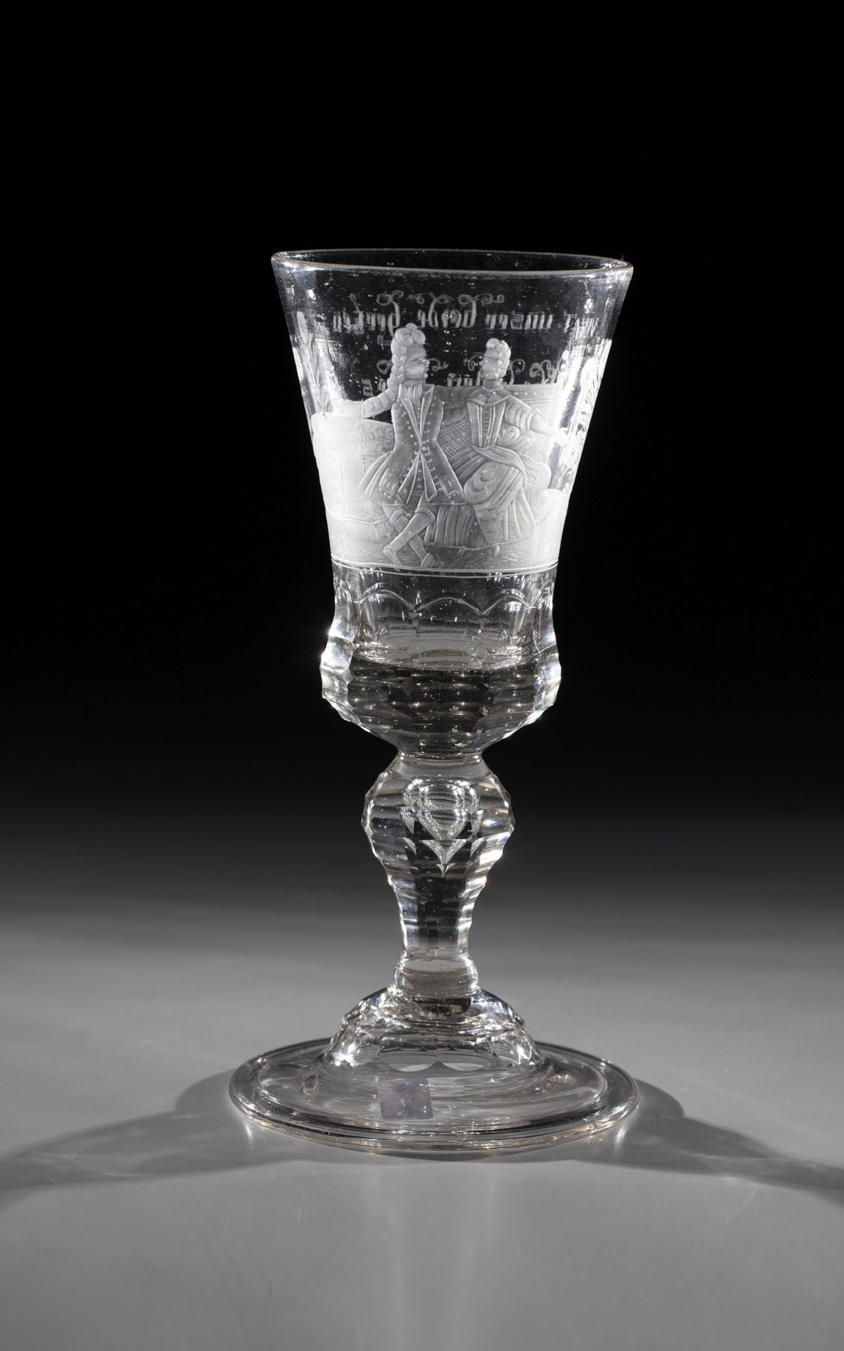 Goblet of Saxony, ca. 1740 Grey-tinted glass. Kuppa in fine matt and blank cut with couples in