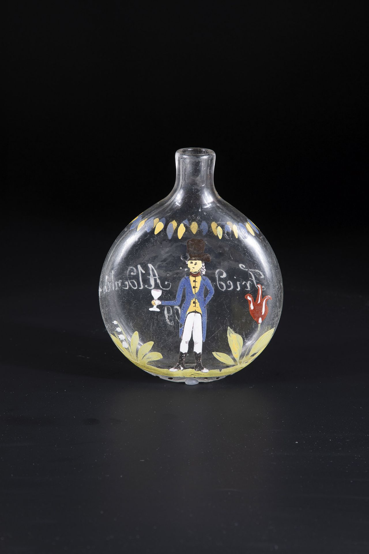 Flat bottle German, probably Thuringia, dat. 1809 Colourless glass with tear. Round, flattened