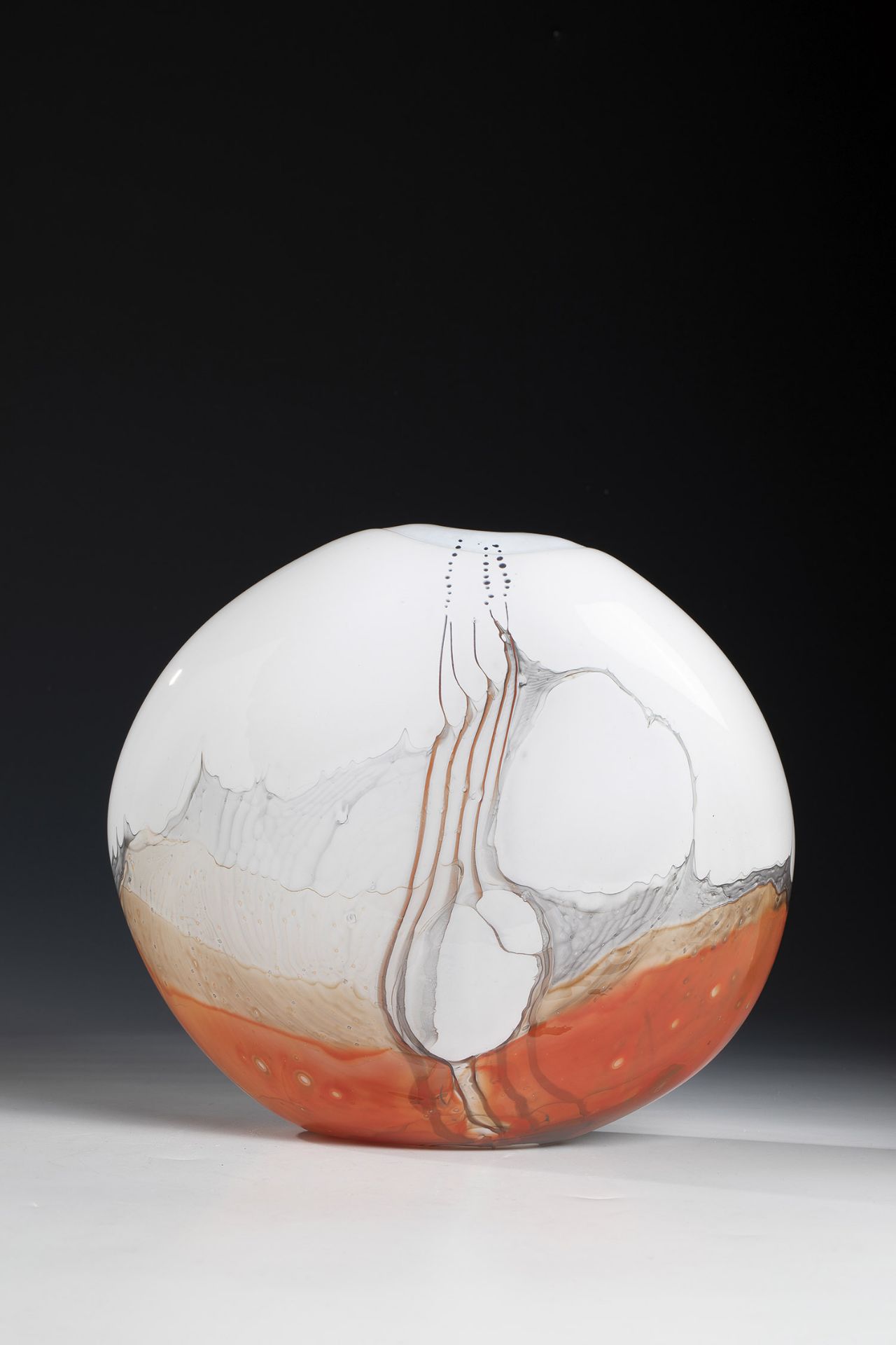 Vase Ingrid Danhauser, 1986 Colourless glass with opaque white background. Fine decor of orange,