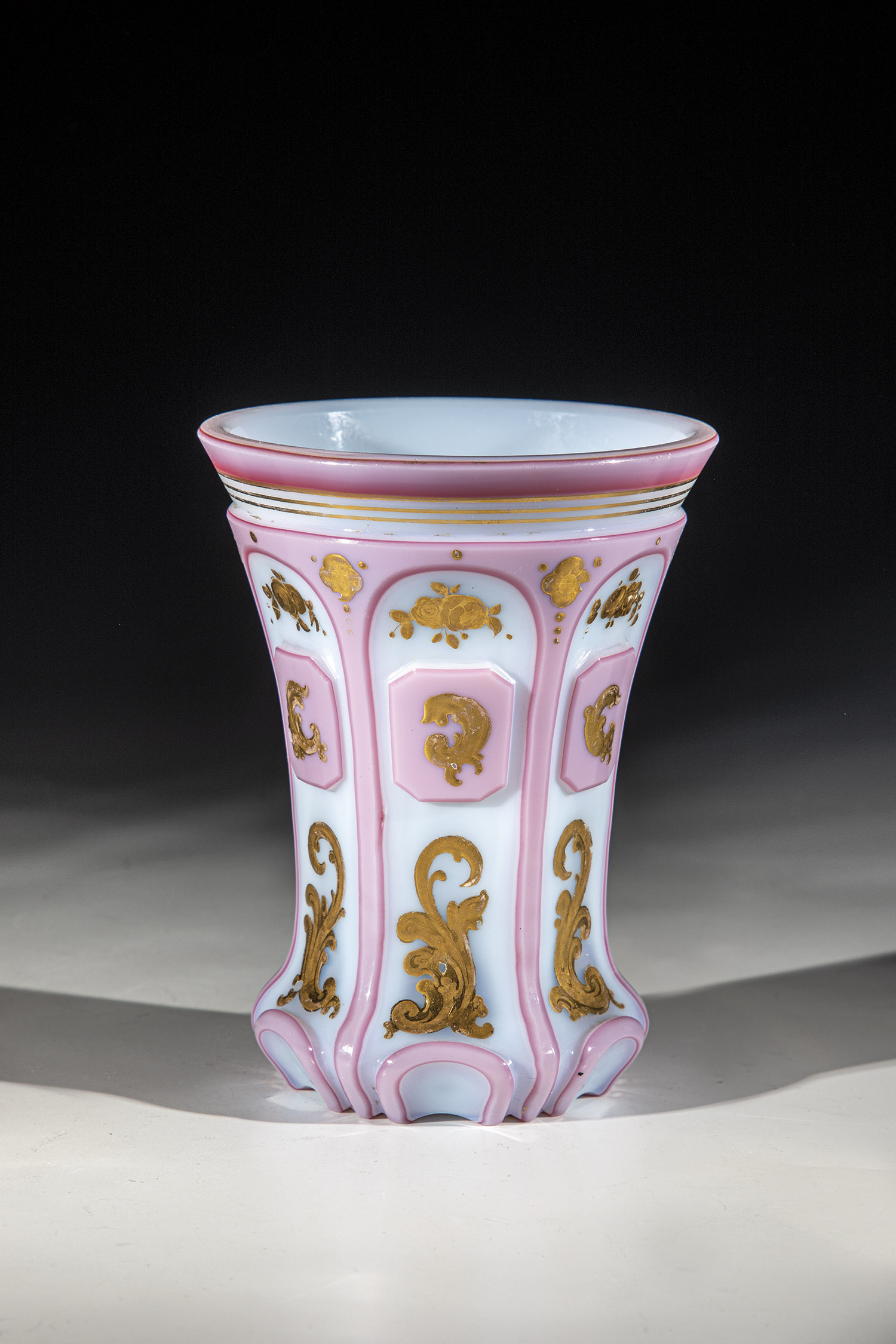 Foot cup Bohemia, ca. 1840 Frosted glass with double overlay in dusky pink and dark pink glass.