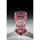 Mug Bohemia, m. 19th century Colourless glass with translucent pink overlay. Honed, protruding