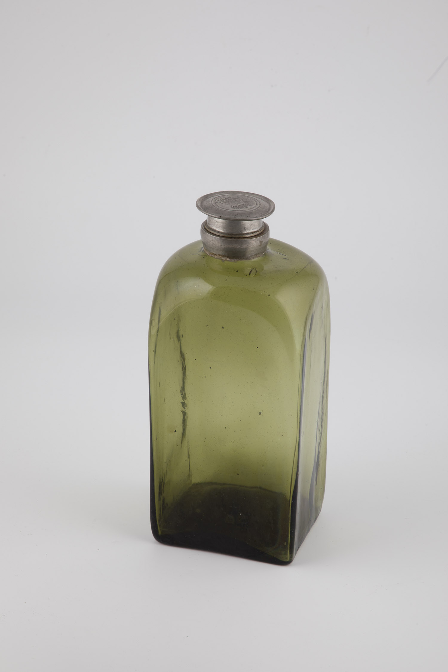 Square bottle with tin screw cap Germany/Norway, 19th century Green glass with raised bottom and