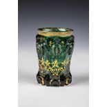 Mug Bohemia, circa 1840 Russian green glass. Back with notched star. Ranft with highly polished,