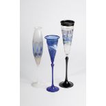 Three Stem Glasses 1980s Artist's Stemmed Glasses, free-formed, with colored melts, one signed and