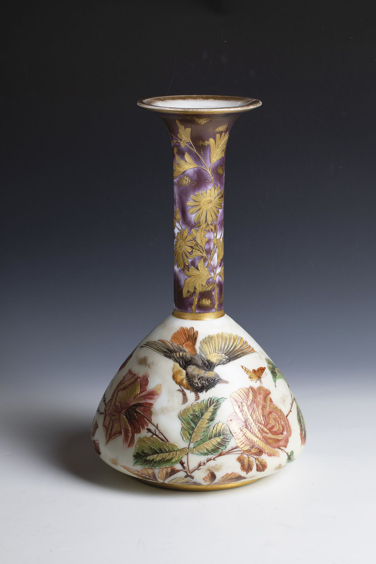 Large Floor Vase Neuwelt, Harrach, ca. 1880 Frosted glass with impasto enamel painting: flowers
