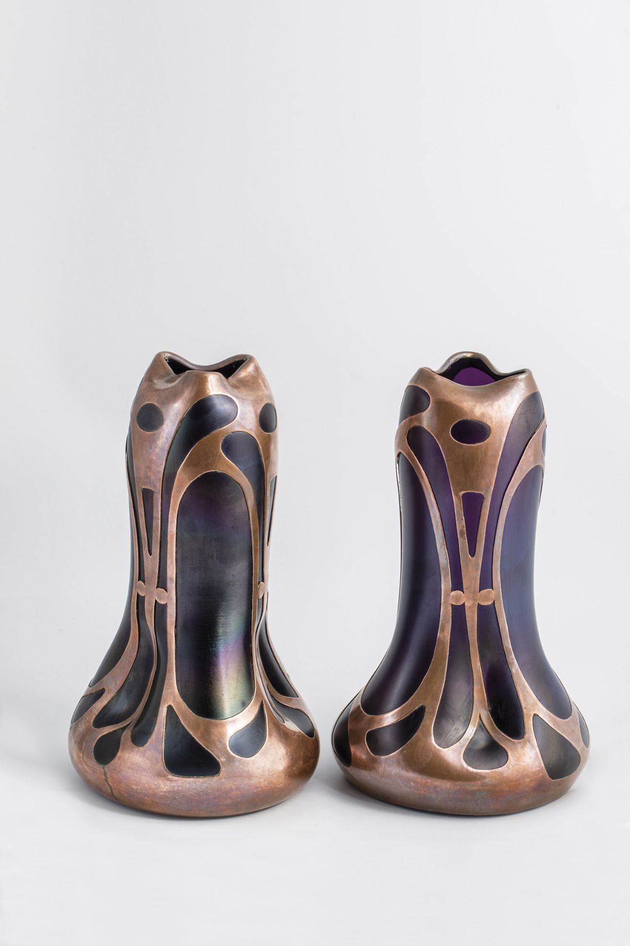 Pair of Vases with Electroplastic Copper Decor Carl Goldberg, Glass Refinery and Stained Glass,