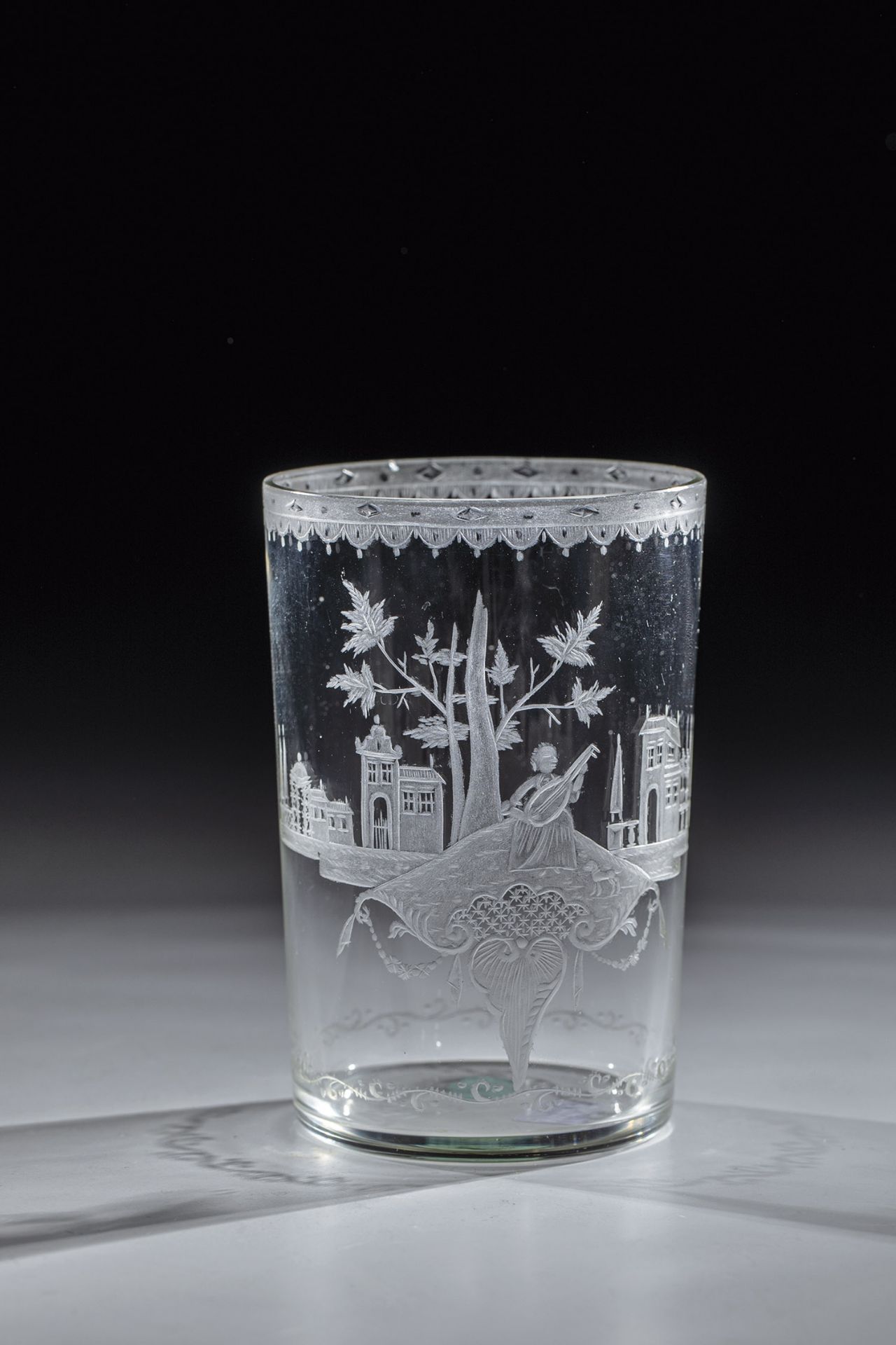 Cylinder beaker glass Buquoysche Glashuette Gratzen, decoration by Carl Josef Lechner (