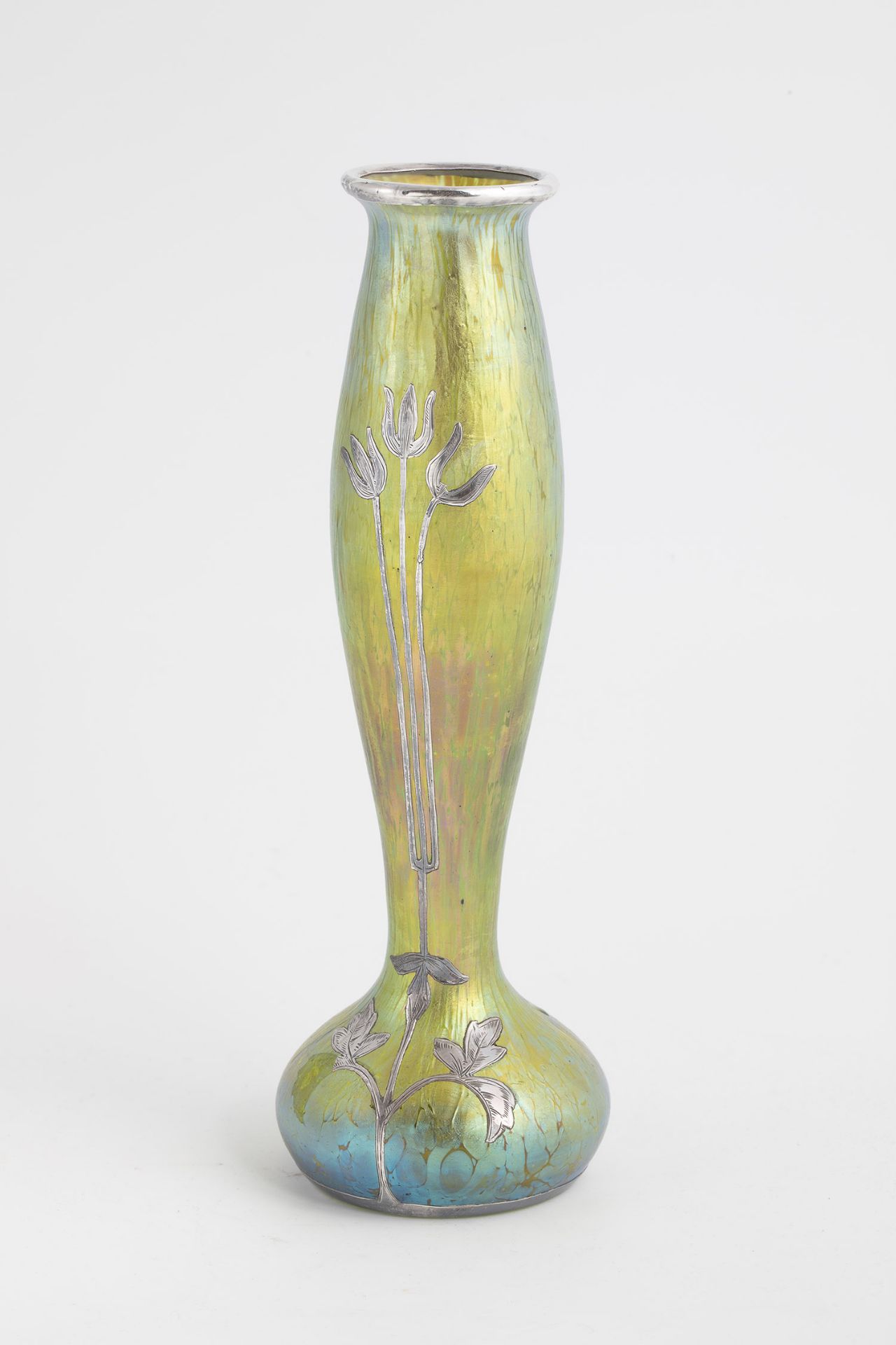 Long-necked vase Loetz Wwe., monastery mill, ca. 1900 Green glass with dense crumb melting in silver - Image 2 of 2