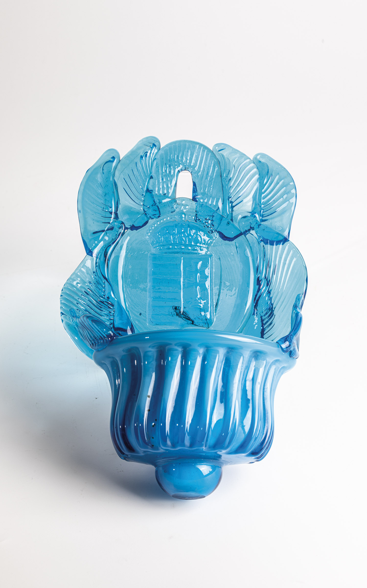 Holy water font with the coat of arms of the Hungarian monarchy, 19th century. Blue glass or blue-