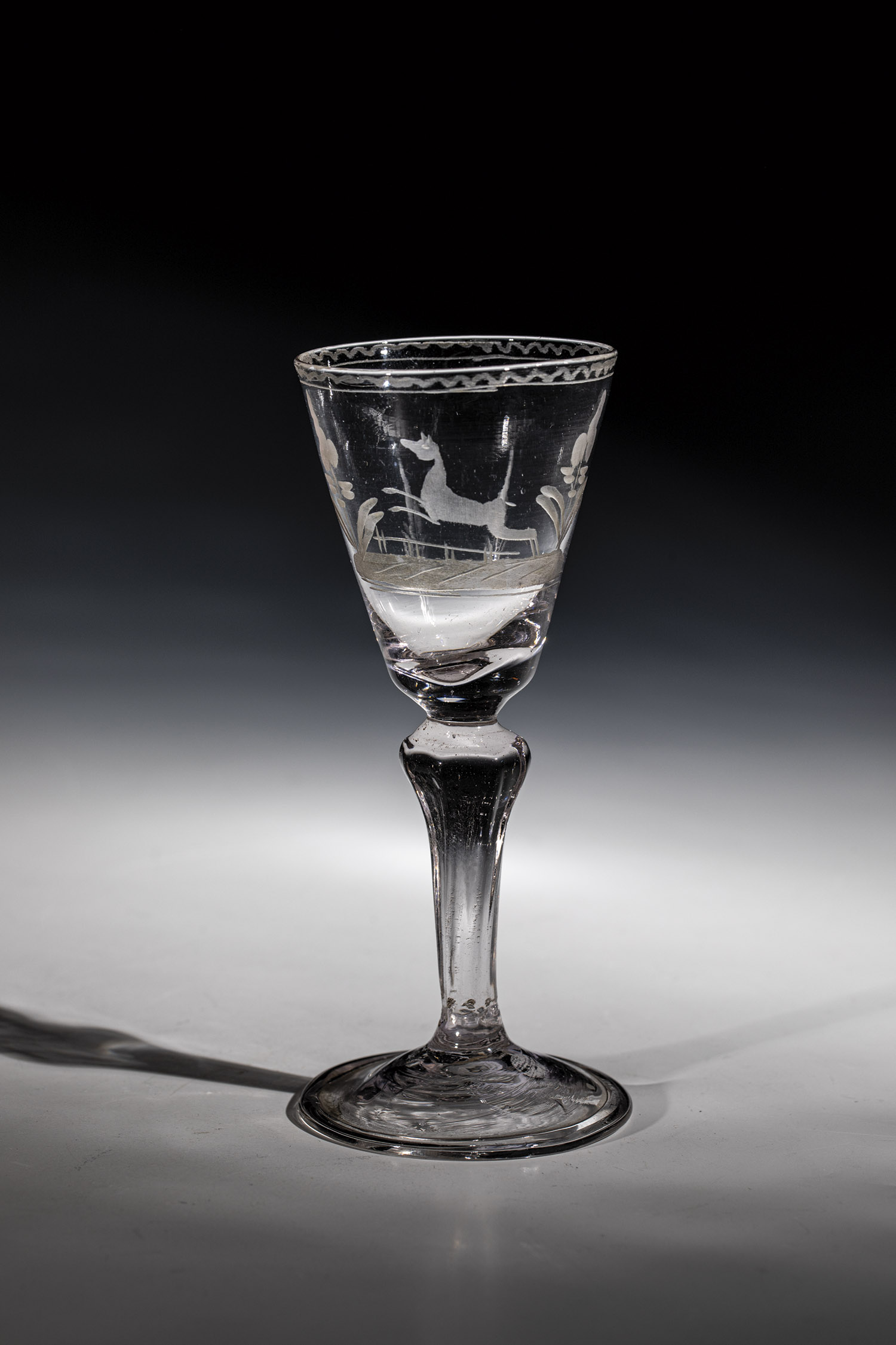 Goblet with deer Franconia or Thuringia, 18th century Colourless glass with tear. Slightly rising