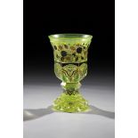 Goblet Uranium Glass Bohemia 19th Century Passig cut base with notched cut decoration. Top of the