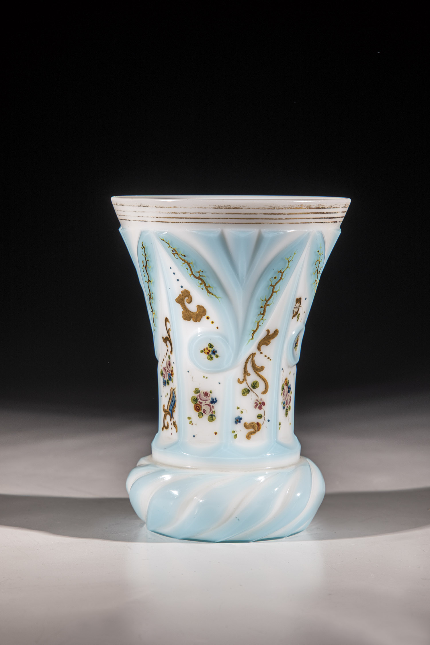 Mug North Bohemia around 1830 White opal glass with light blue overlay. Stand with turban-cut.