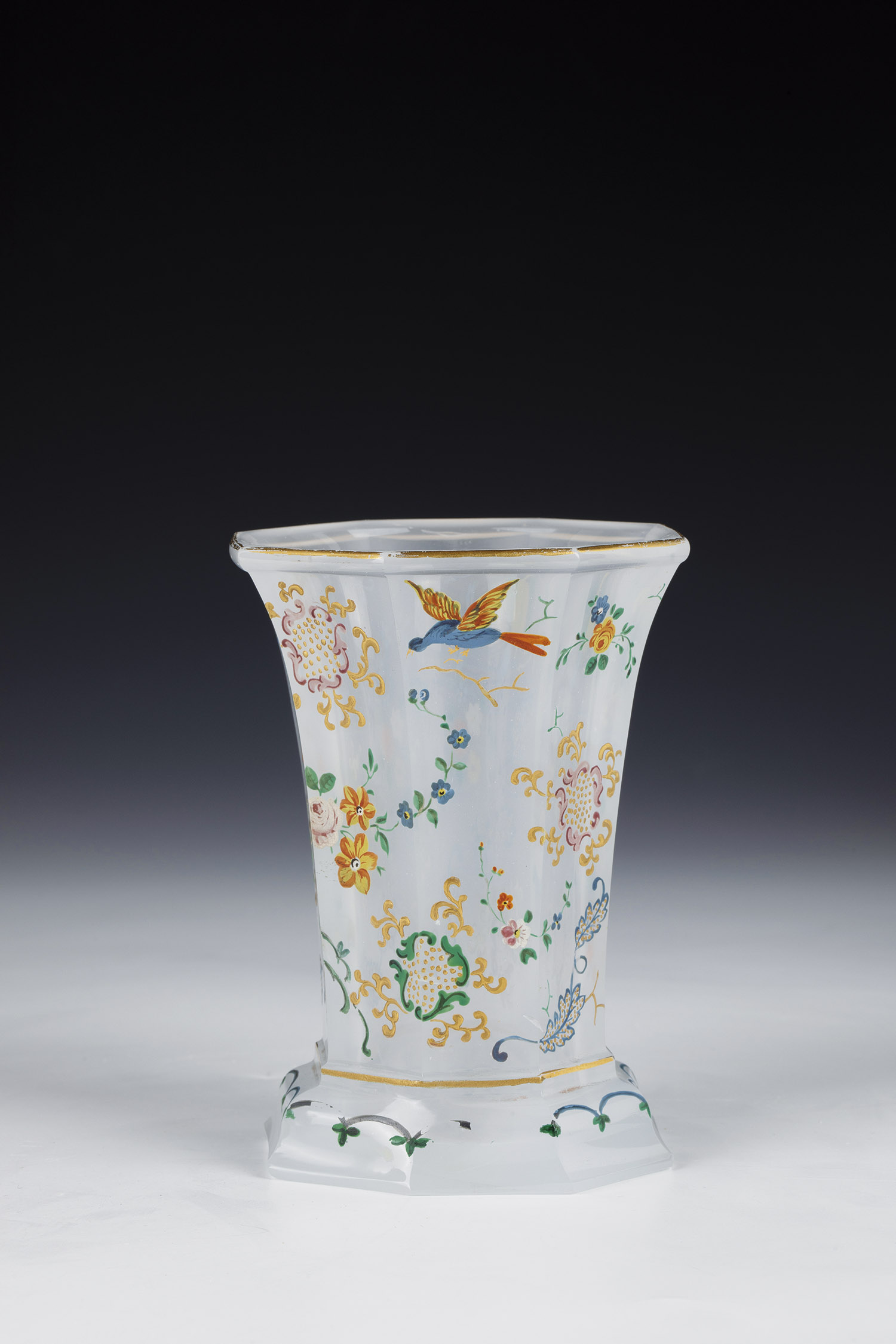 Alabaster Mug Bohemia, ca. 1840 Transparent, white alabaster glass, eight faceted and decorated in