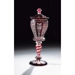 Lidded goblet Josephinenhuette, ca. 1850 Colourless glass with ruby overlay. Peeled foot. Baluster