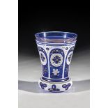 Cobalt blue glass with pewter enamel overlay. Bottom slightly hollowed. Ranft with lentil cut and