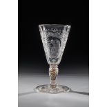 Goblet with Allegory of Love KrkonoÅ¡e, 18th century, manganese-tinged glass. Disc base with olive