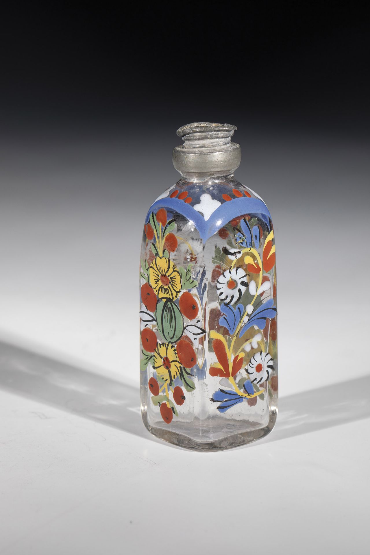 Miniature bottle with tin mount Germany or Bohemia, 18th century Colourless glass with tear-off.