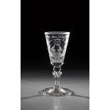 Cup with loyalty symbolism Thuringia, 1760 Colourless glass. Kuppa with two sitting doves on