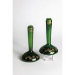 Pair of Long Neck Vases France, circa 1900 Green glass with hollow cut bottom. Stylized floral decor