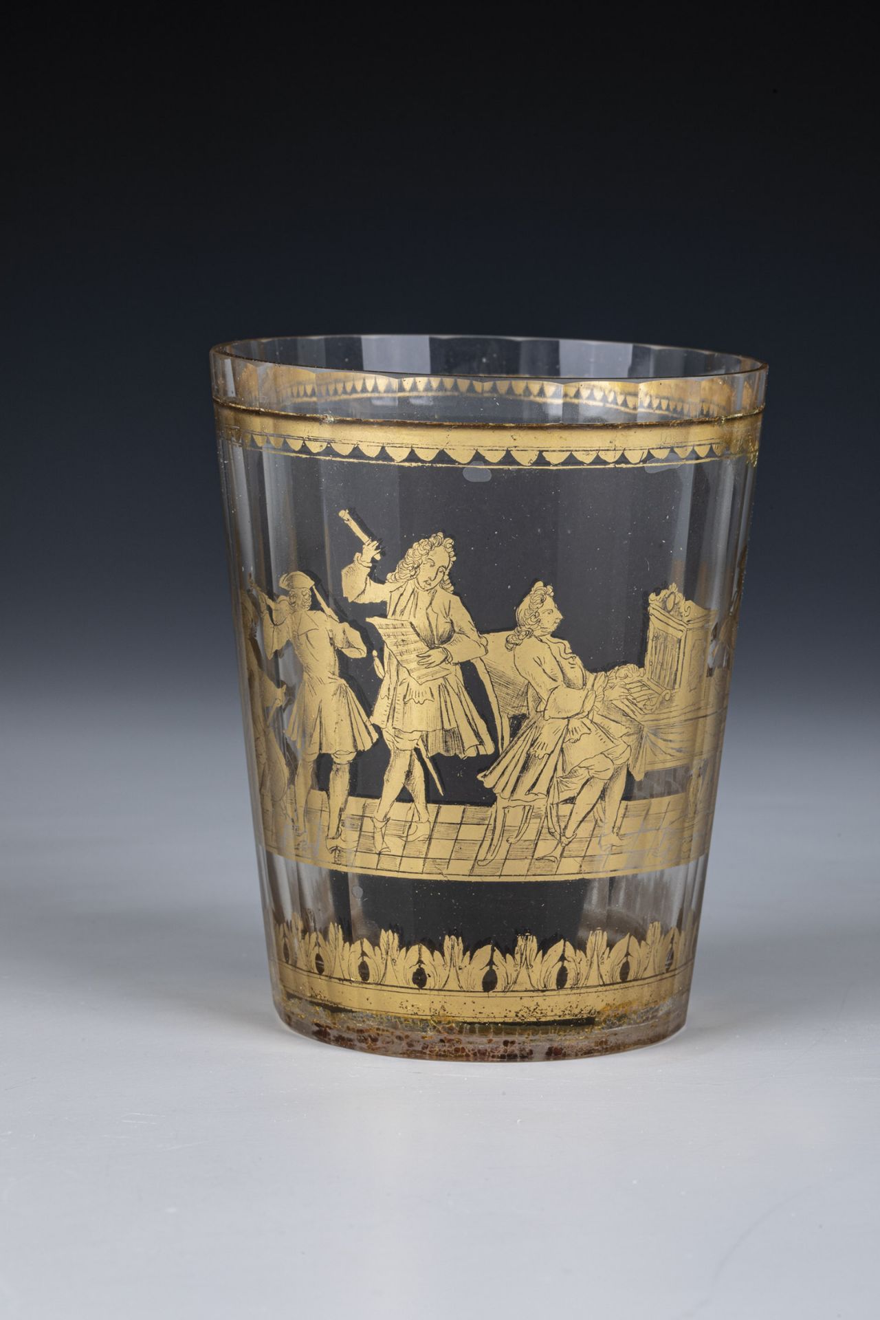 Intermediate gold goblet with musicians of Bohemia, 2nd quarter of the 18th century Colourless glass