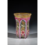 Tumbler with double overlay Bohemia, ca. 1850 Colourless glass with pewter enamel and pink