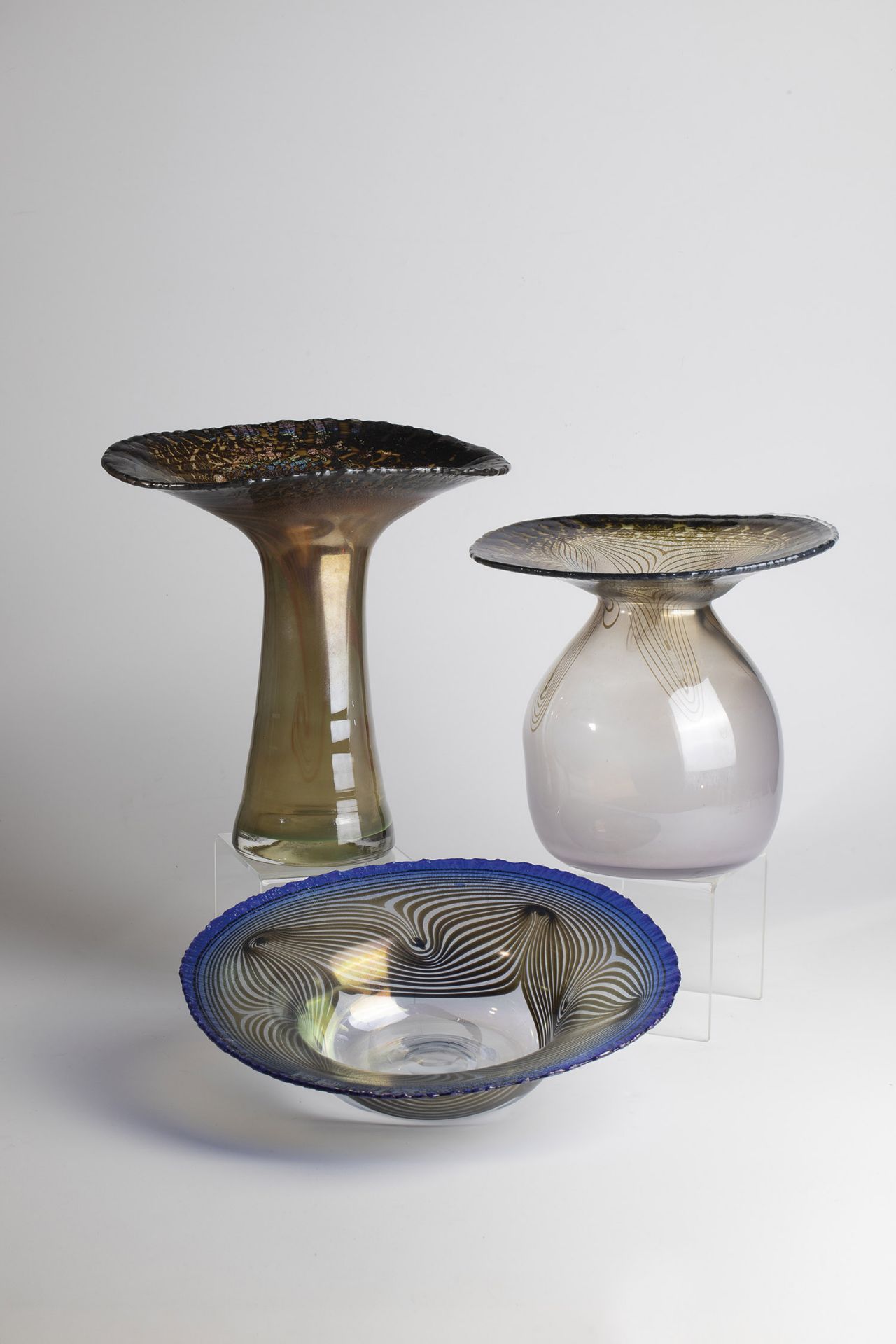 2 vases and 1 bowl Glashuette Eisch, Frauenau, 1977 and 1978 Colourless glass with fused coloured