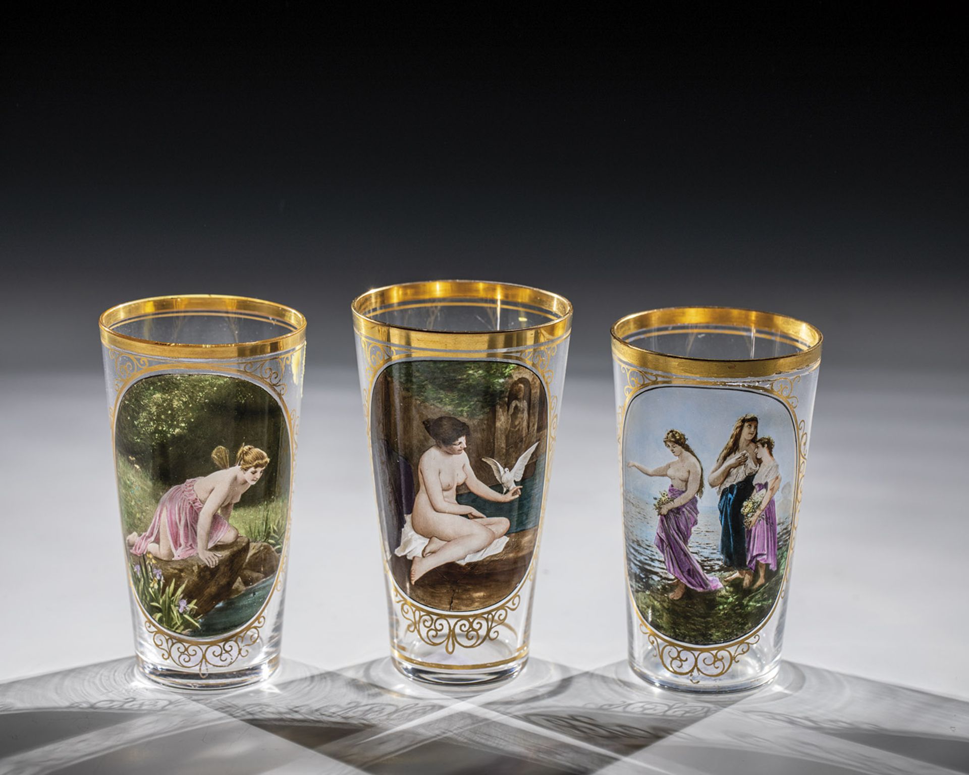 Three cups with files Ludwig Moser & Sons, Karlovy Vary around 1880 Colourless, thin-walled glass.