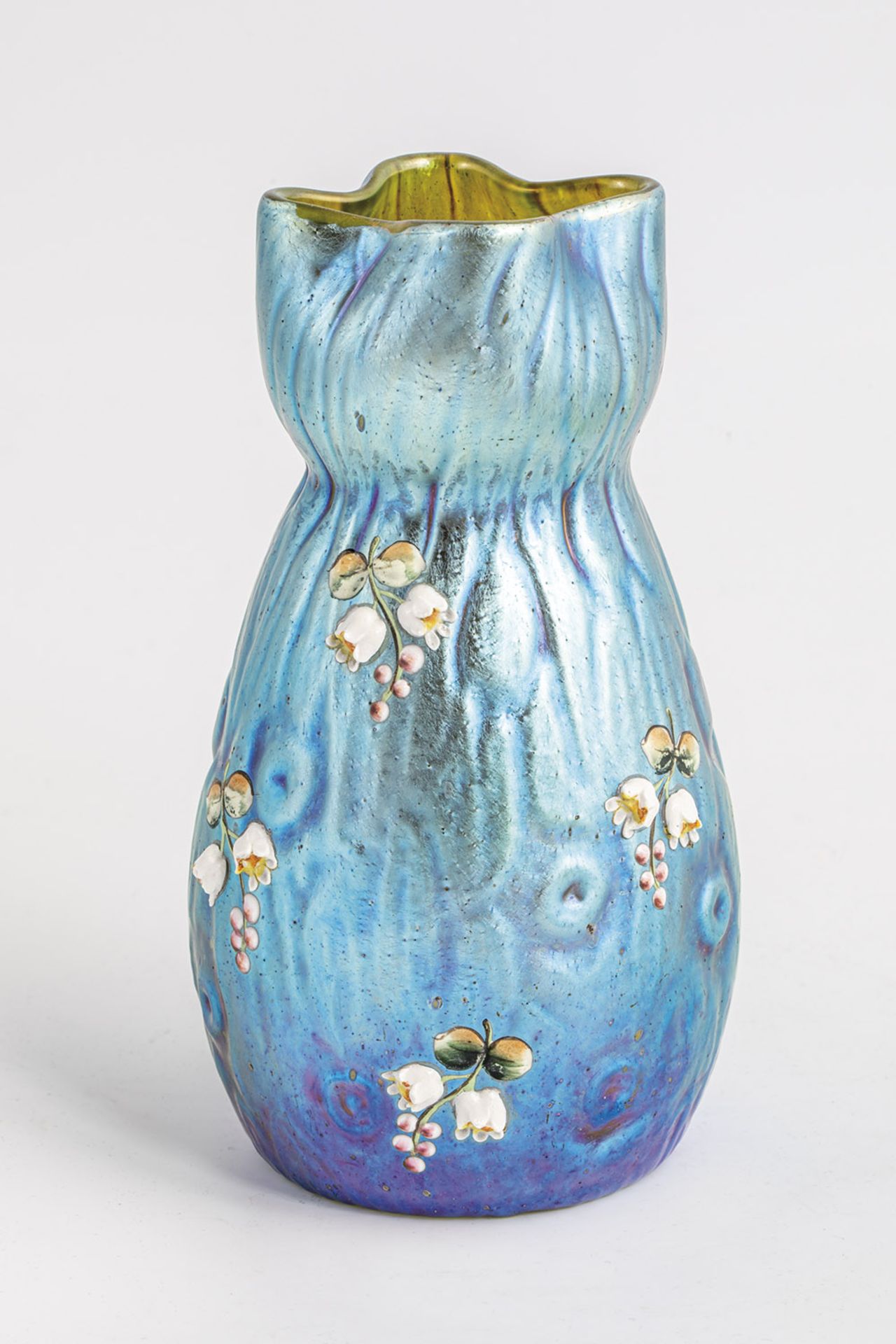 Small vase with lily of the valley Loetz Wwe., Klostermuehle, ca. 1899 Light green glass, pre-