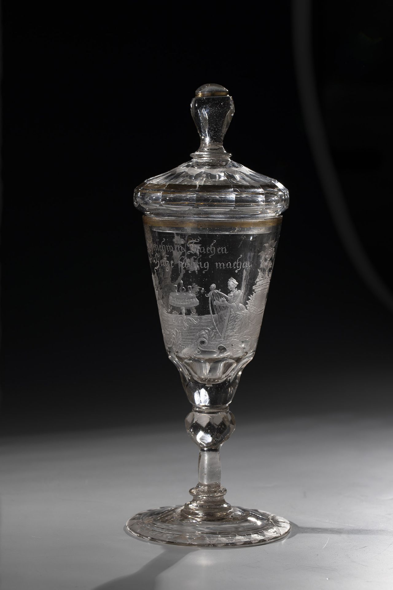 Lidded goblet Silesia, Schreiberhau, Preussler Glashuette Weissbach, ca. 1750 Colourless glass. Disc - Image 2 of 3