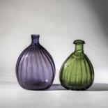 Two pouch bottles Alpine, 18th century Green and manganese-coloured, longitudinally optically ribbed