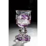 Hunting Cup North Bohemia, ca. 1840 Colourless, partly pink and violet glazed glass. Six-pass