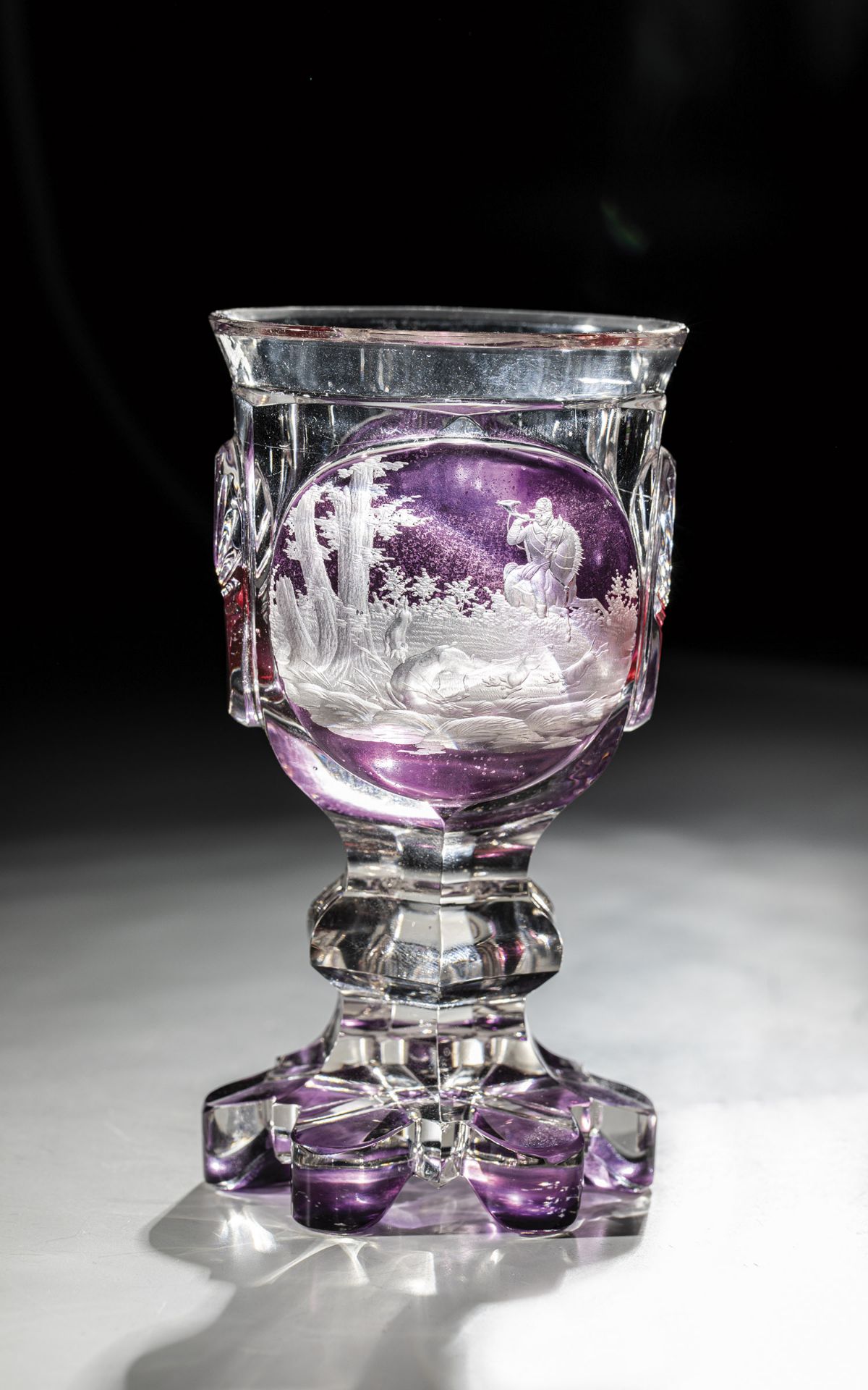 Hunting Cup North Bohemia, ca. 1840 Colourless, partly pink and violet glazed glass. Six-pass