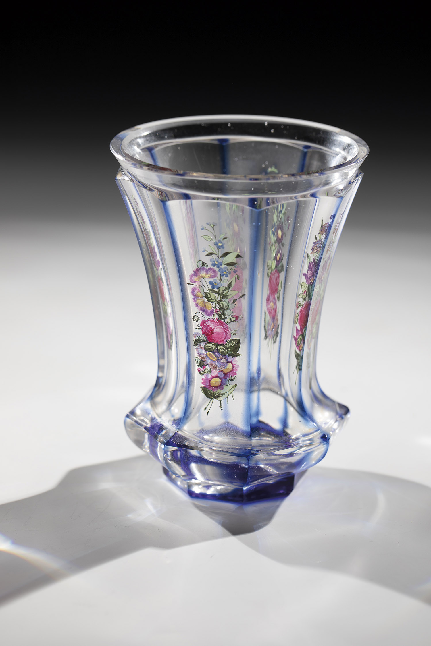 Mug Bohemia, after 1840 Transparent glass. Edges with cobalt blue glaze. Eight alternating matt