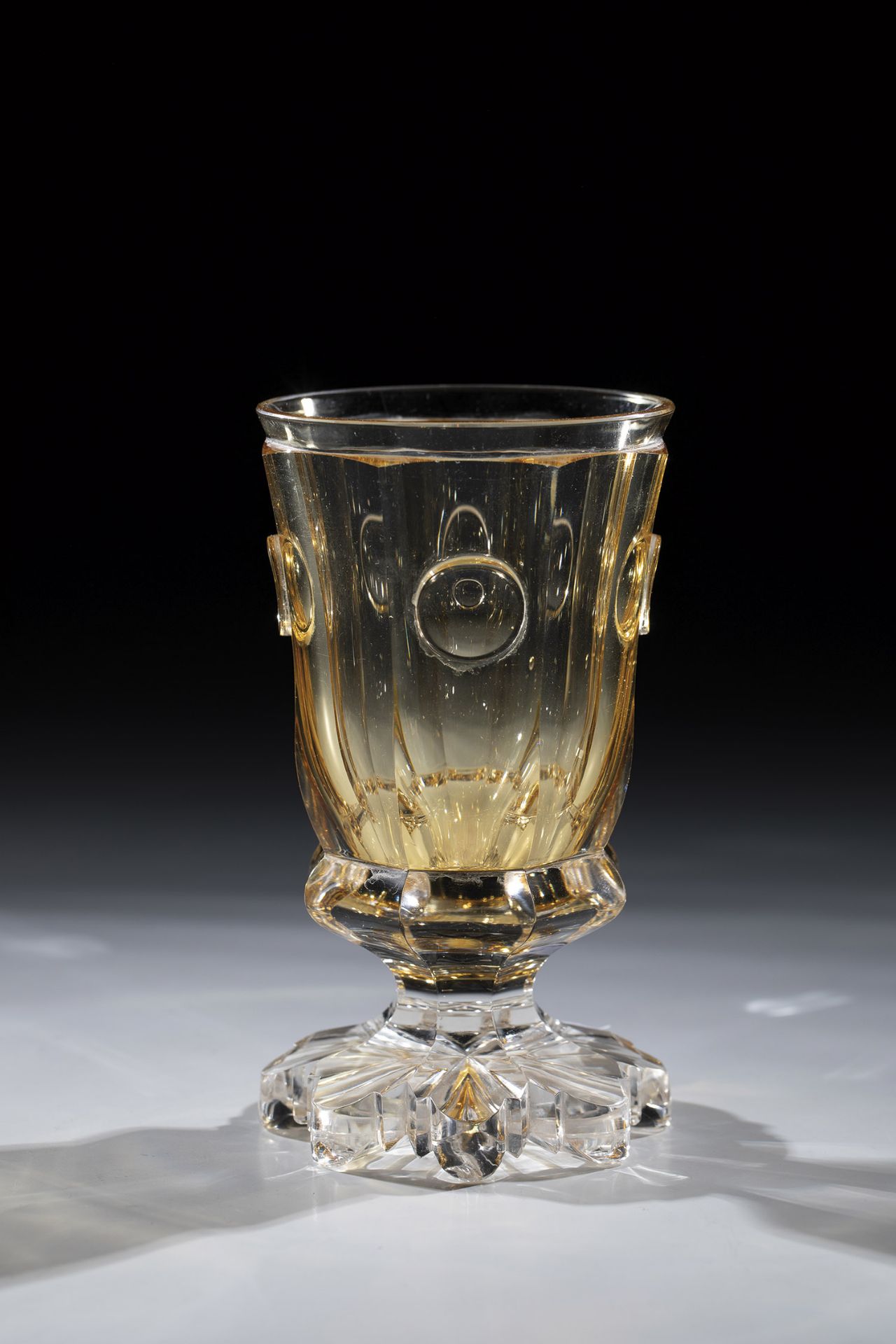 Foot cup Bohemia M. 19th century Colourless glass with amber background. Fittingly sanded foot.