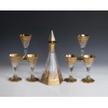 Drinking set: carafe and six glasses of Bohemia, ca. 1900 A carafe with stopper and six drinking