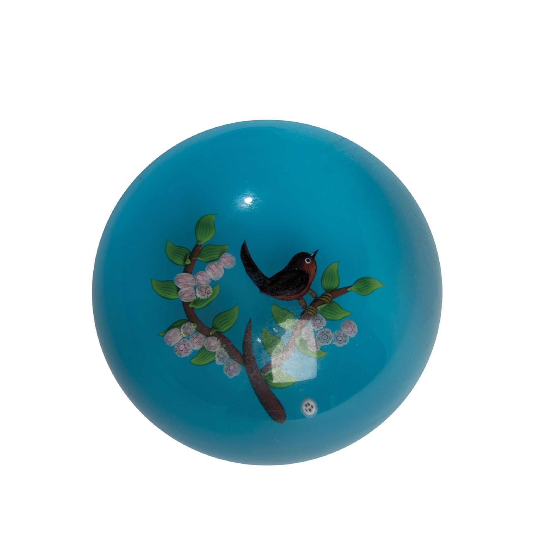 Paperweight Baccarat, 1989 Frosted glass upholstery with turquoise overlay. Blackbird on flower