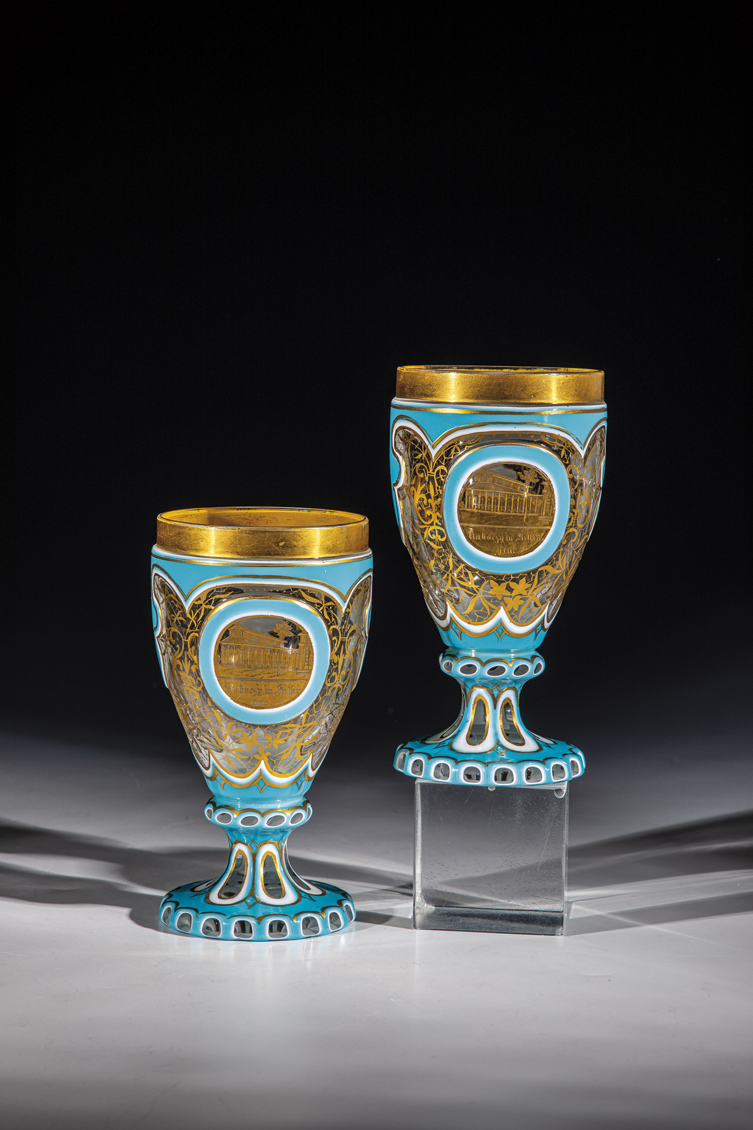 Pair of Foot Cups with Views of Kissingen Bohemia, circa 1850 Colourless glass, first white then