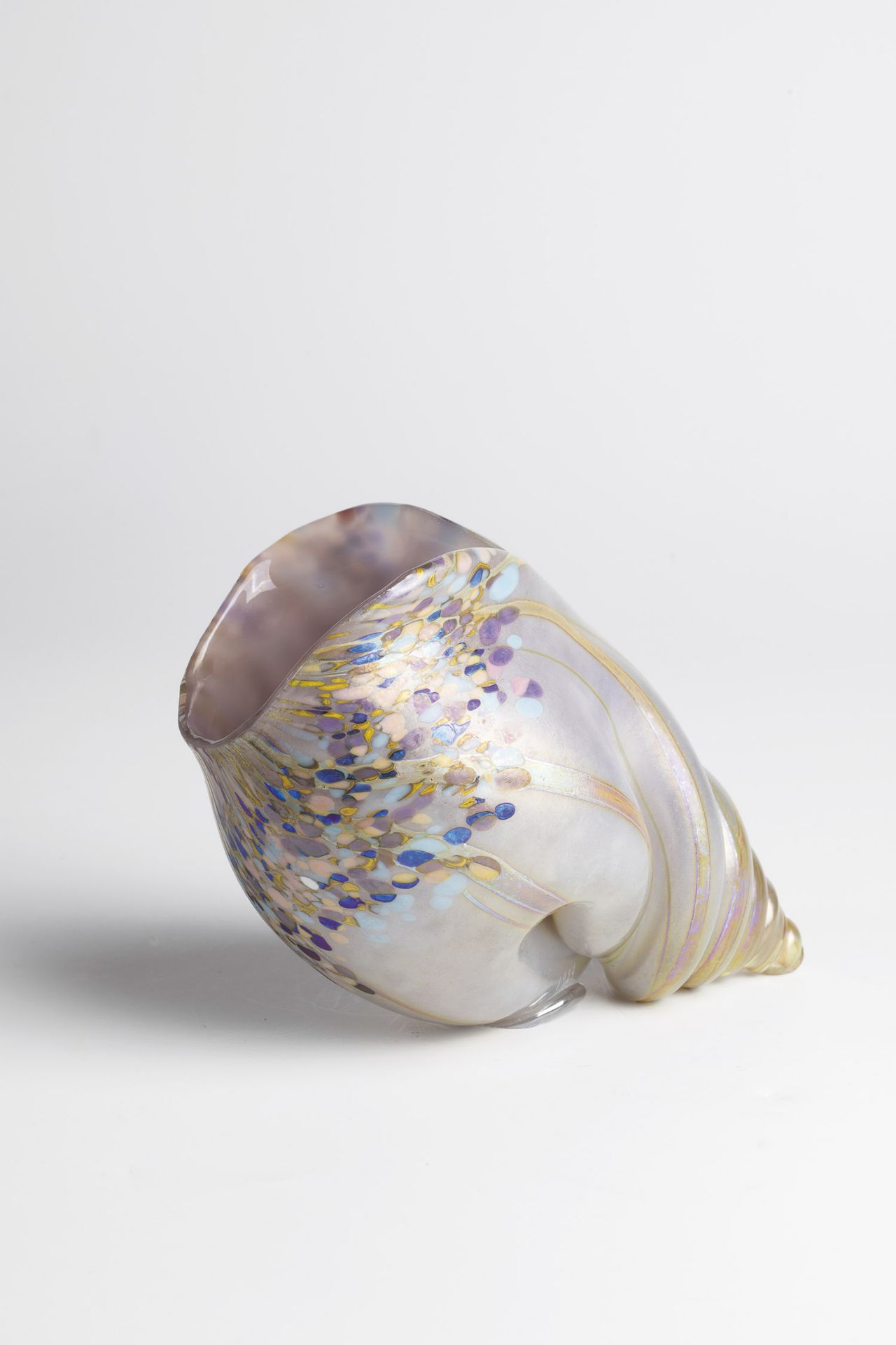 Shell vase Carin by Drehle, 1984 Colourless glass, with melted coloured croissants and threads,