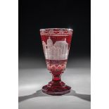 Footcup with view of Aachen Bohemia, 19th century Colourless red glazed glass. Faceted foot.