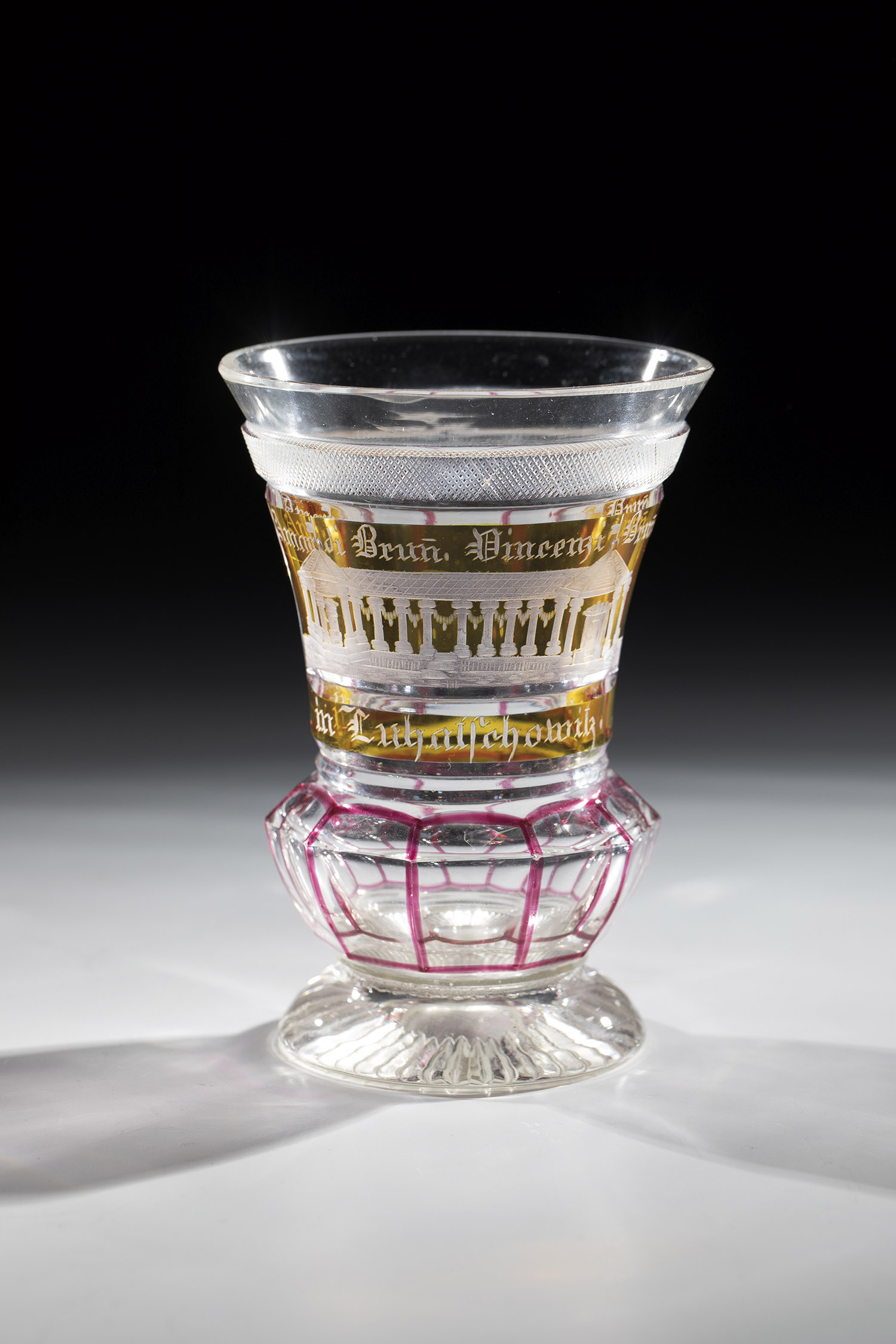 Foot cup with view of Luhatschowitz Czech Republic, Moravia, M. 19th century Colourless glass partly