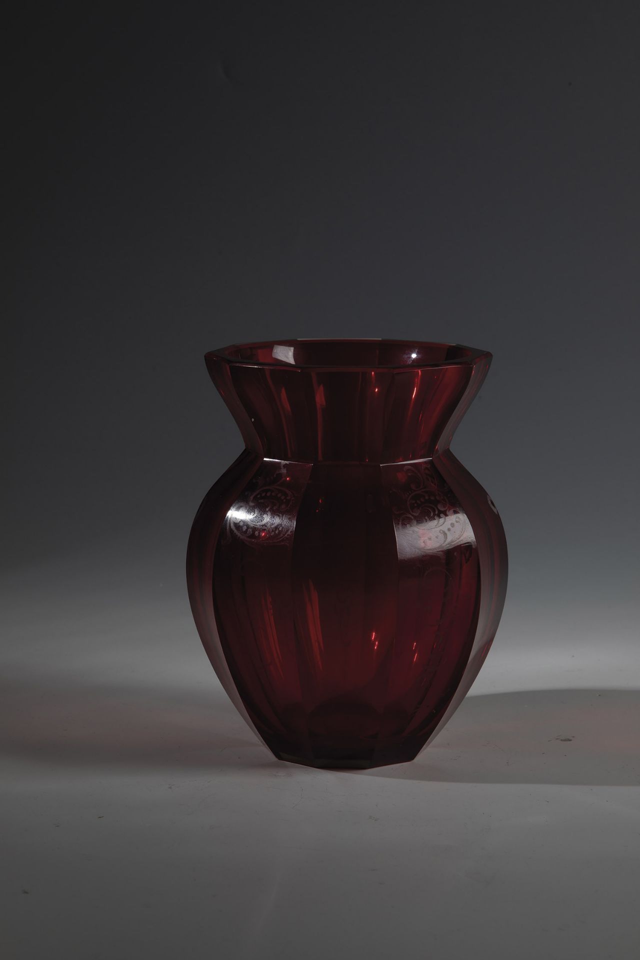 Vase Bohemia, 20th century Ruby glass vase with tendril decoration in silver and gold. Heavily