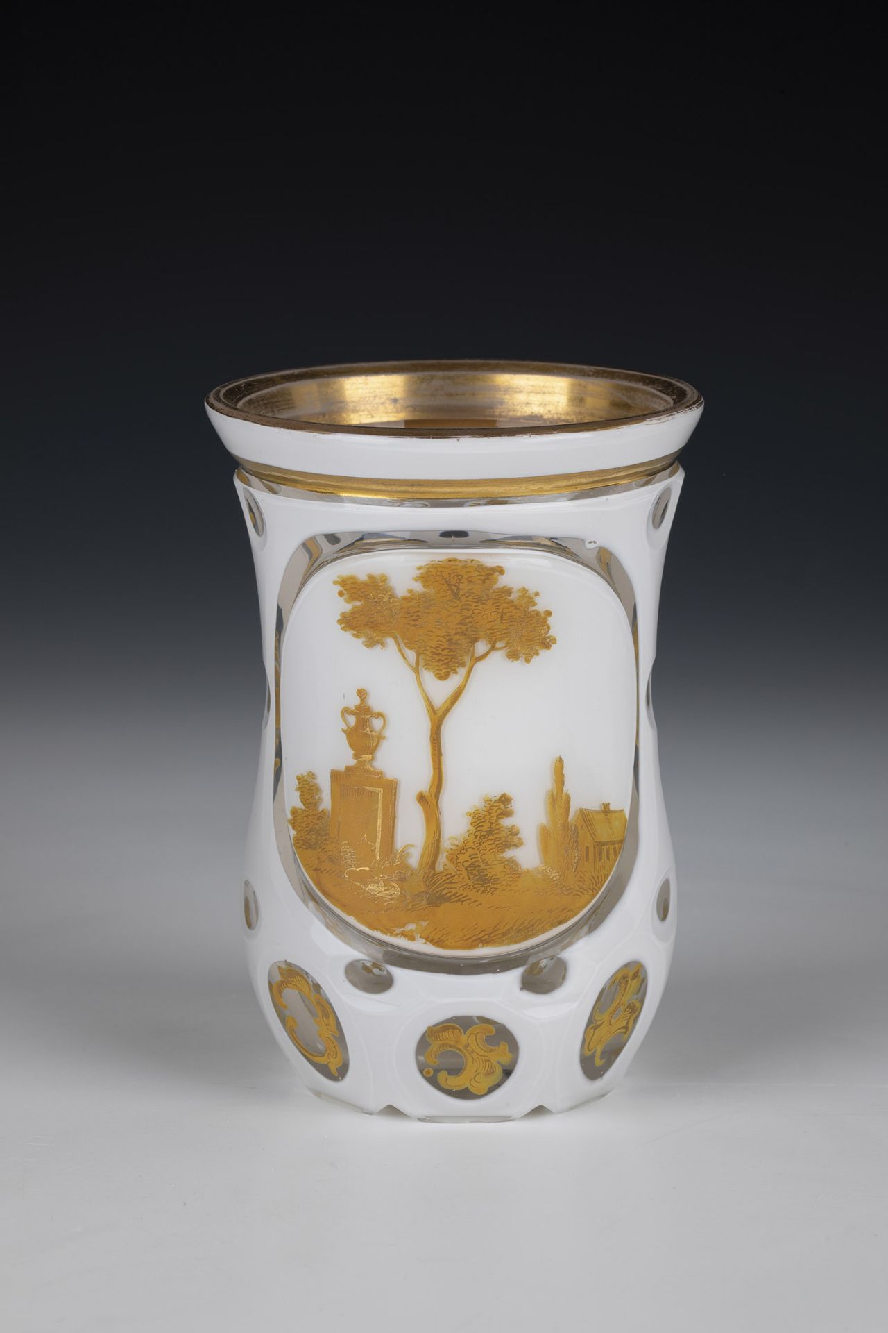 Beaker with Allegory of Transience Josephinenhuette, ca. 1840 Colourless glass with pewter enamel