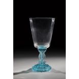 Goblet with dolphins 19th century Base and shaft in turquoise pressed glass: shell work on the top