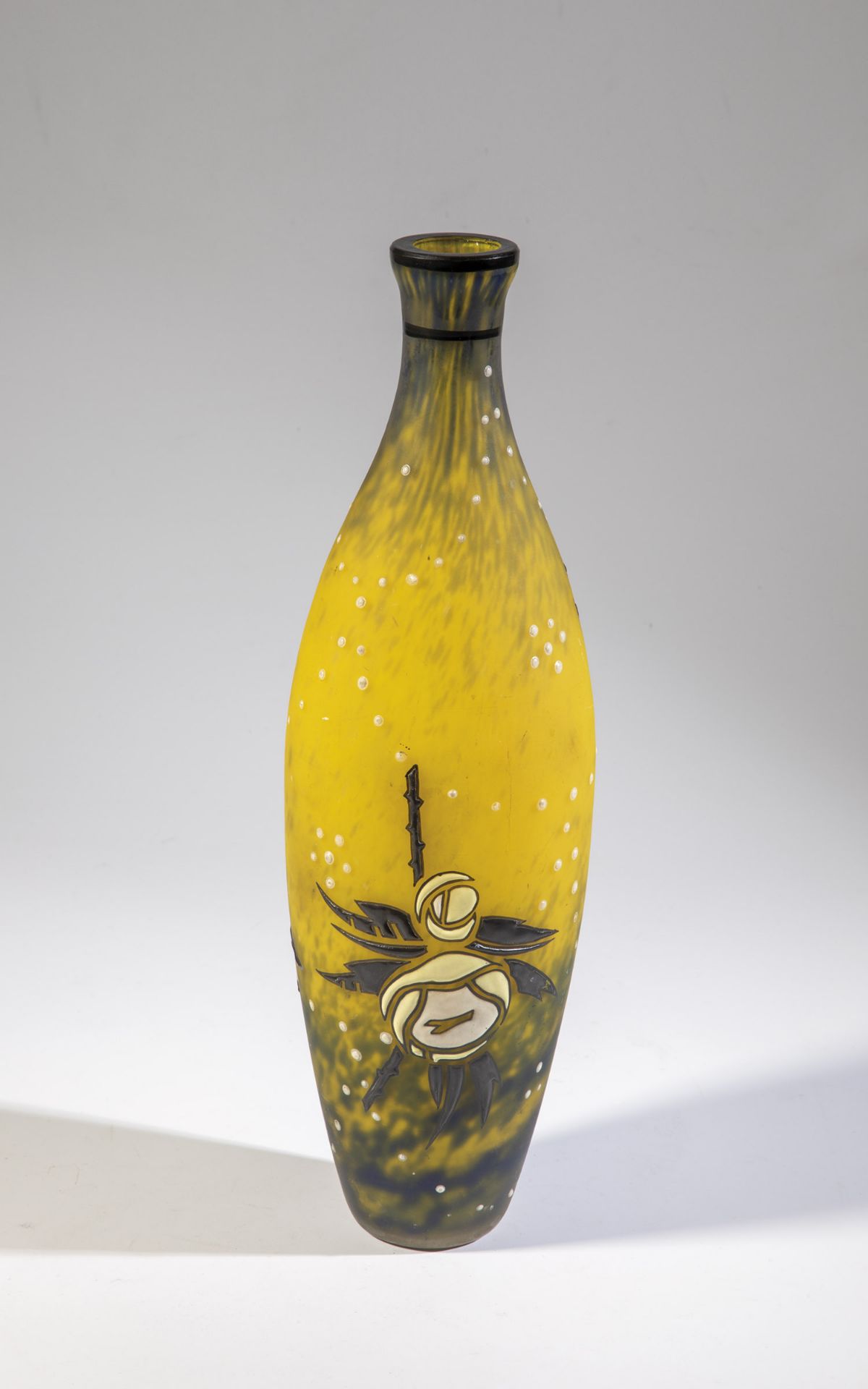 Vase Andre Delatte, Nancy, ca. 1925 Colorless glass with flaky powder melting in yellow and blue.