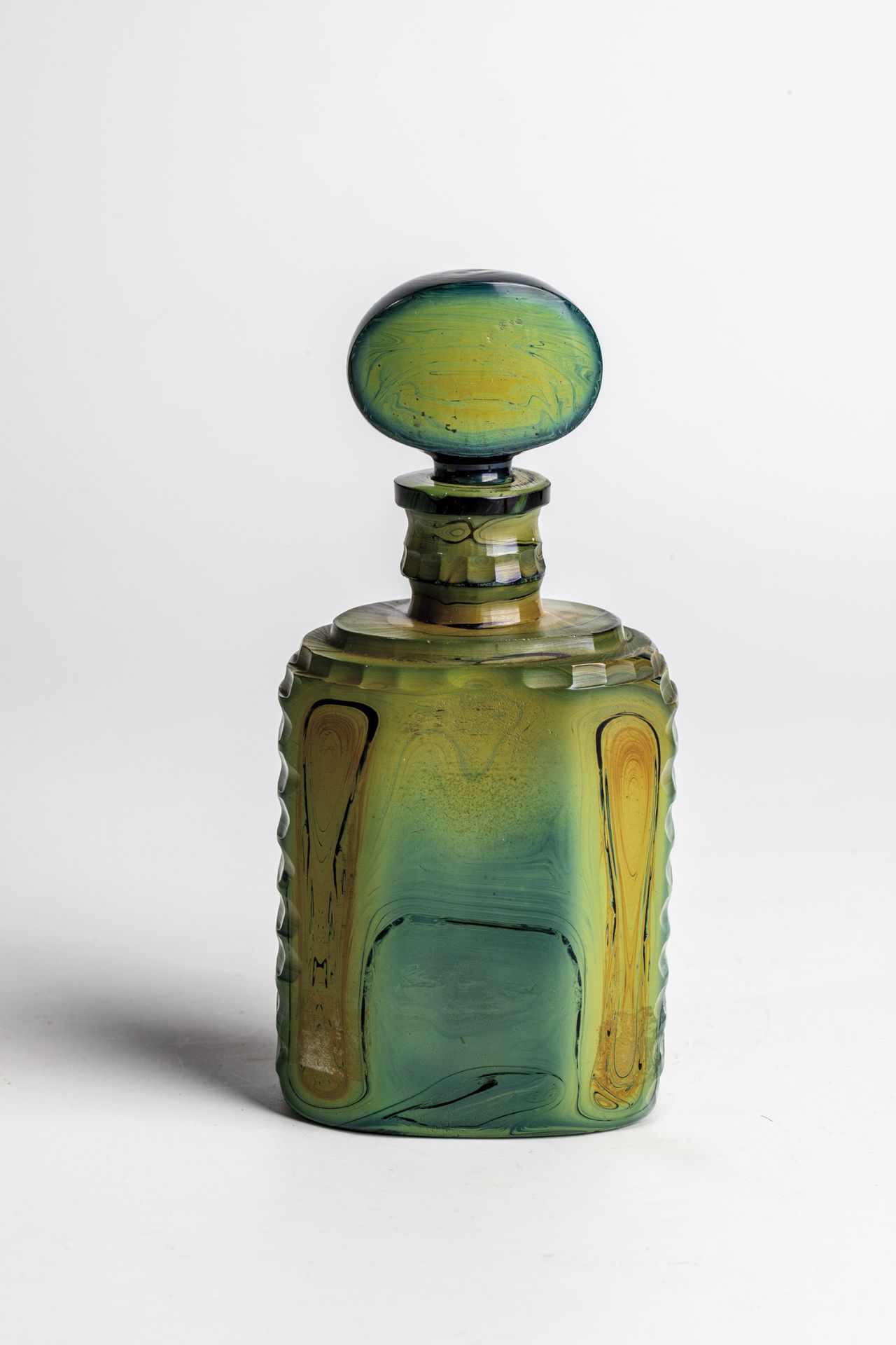 Stone glass bottle 21st century Marbled stone glass in emerald and yellow-green tones. Honed and