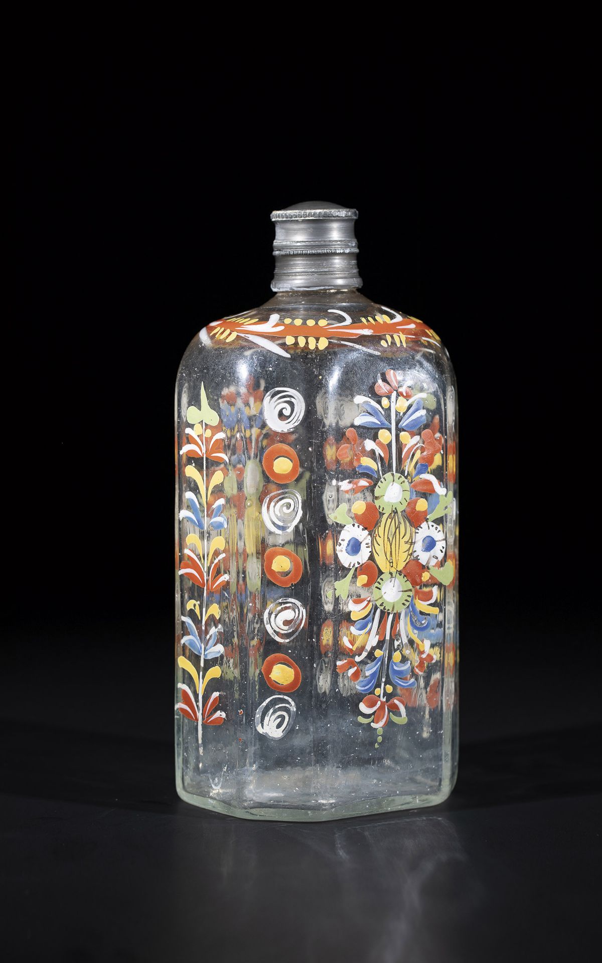 Schnapps bottle German, 18, century Colorless glass with tear. On the cross-sectional rectangular