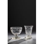 Foot bowl and foot cup 19th century Colourless glass, partly cut decorated. Cut garlands and