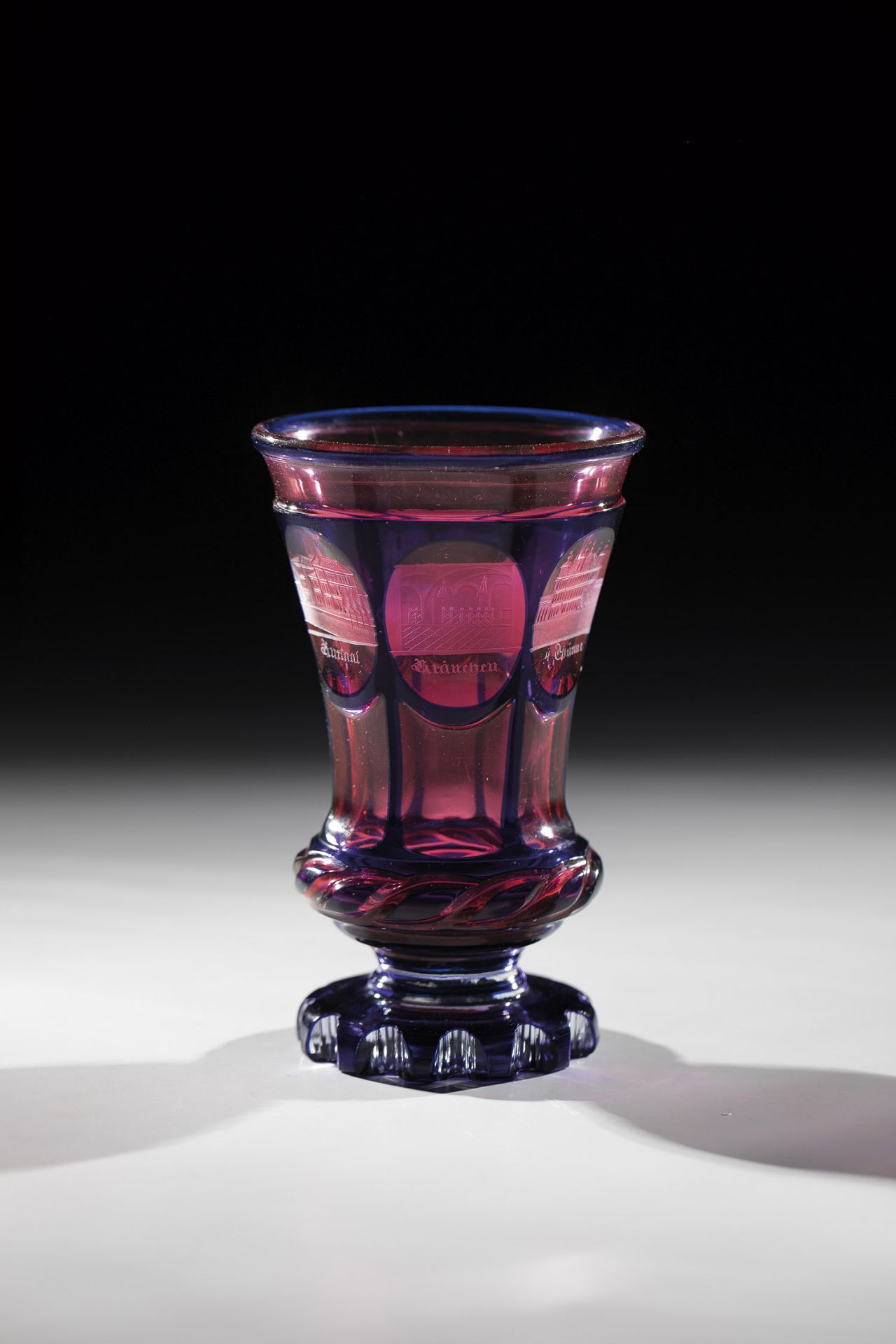 Footcup with views of Bad Ems Bohemia, 1840/50 Colourless glass, golden ruby on the inside, cobalt - Image 2 of 2