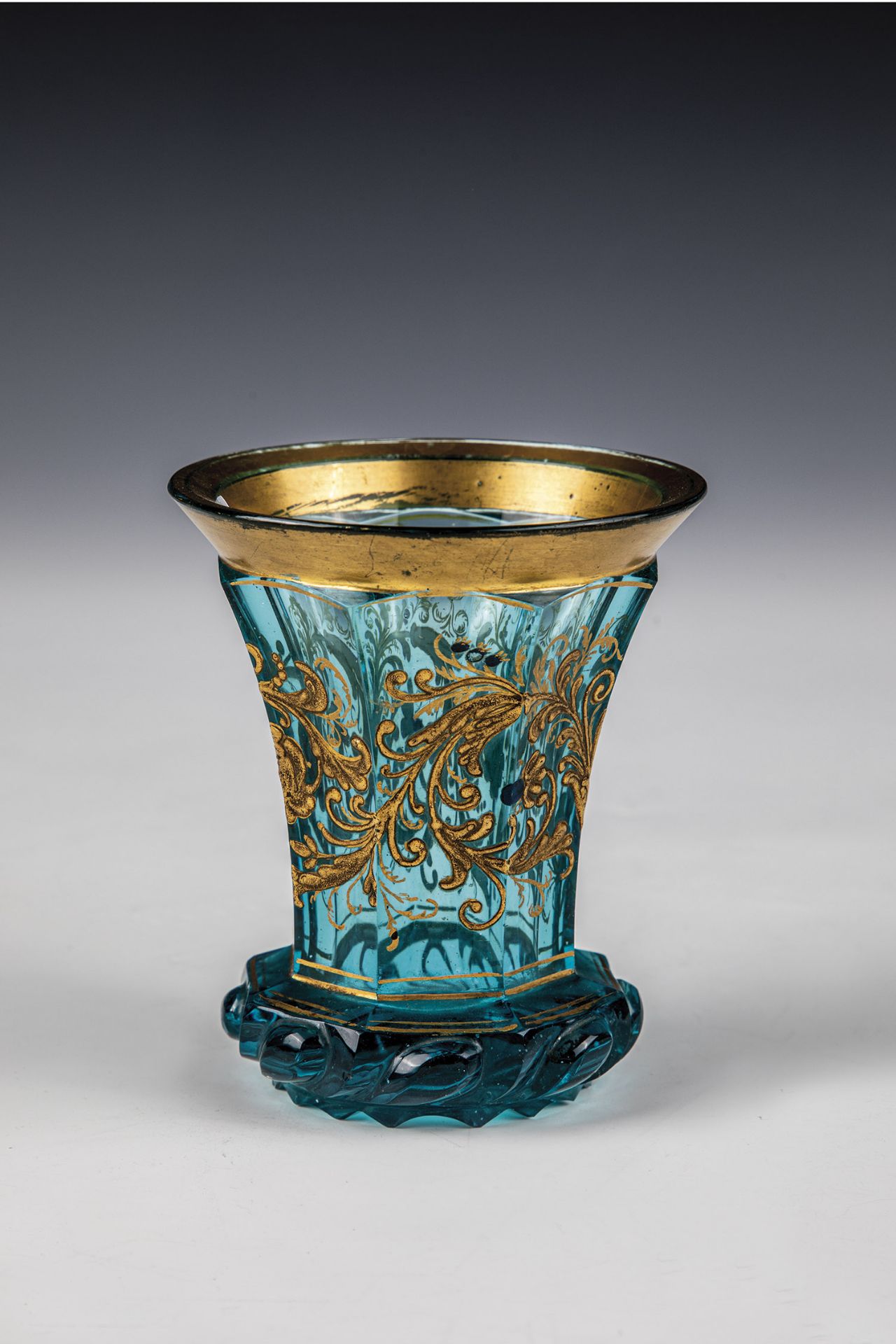 Mug Bohemia, m. 19th century turquoise glass. Bottom with notched finish. Ranft with high-cut